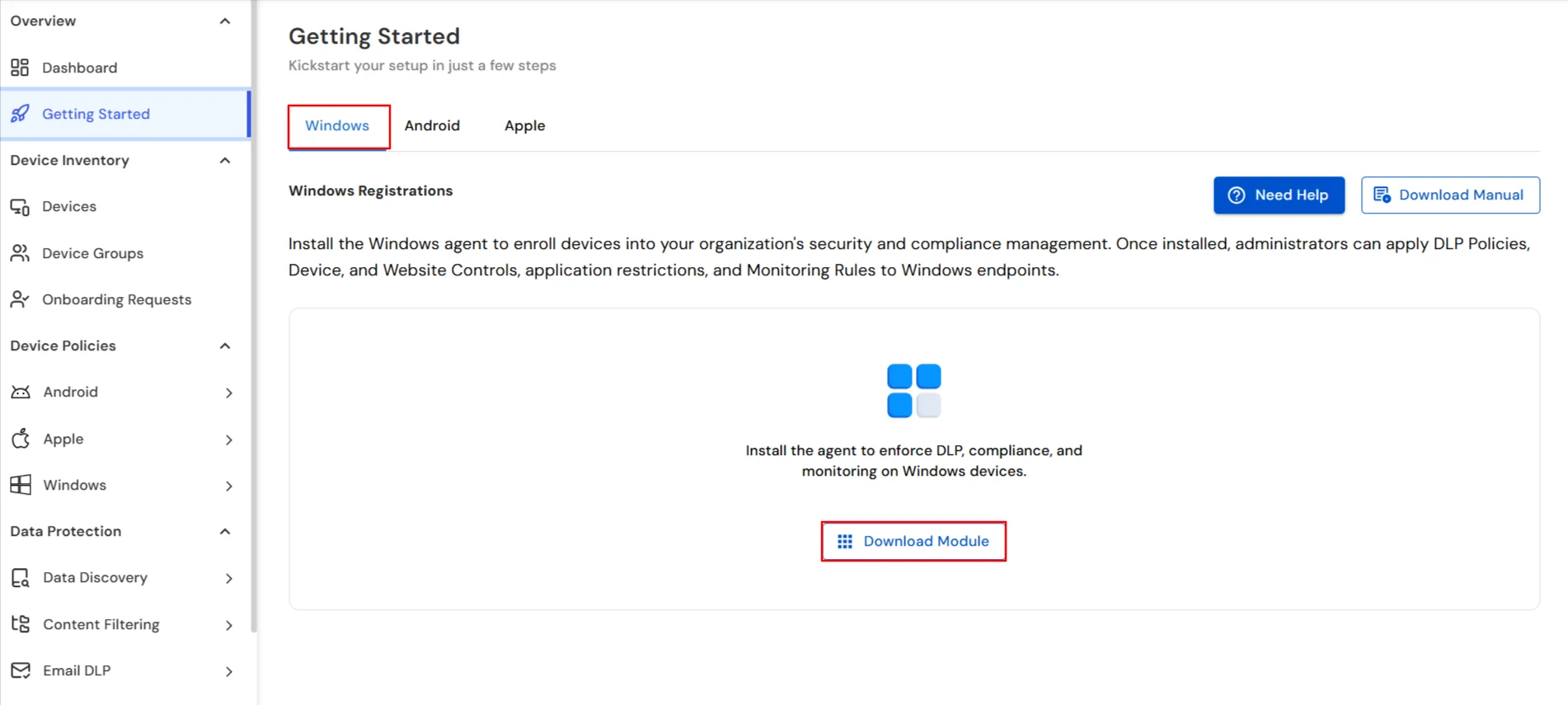 miniOrange DLP Getting Started tab Download Module for DLP Agent MSI installer