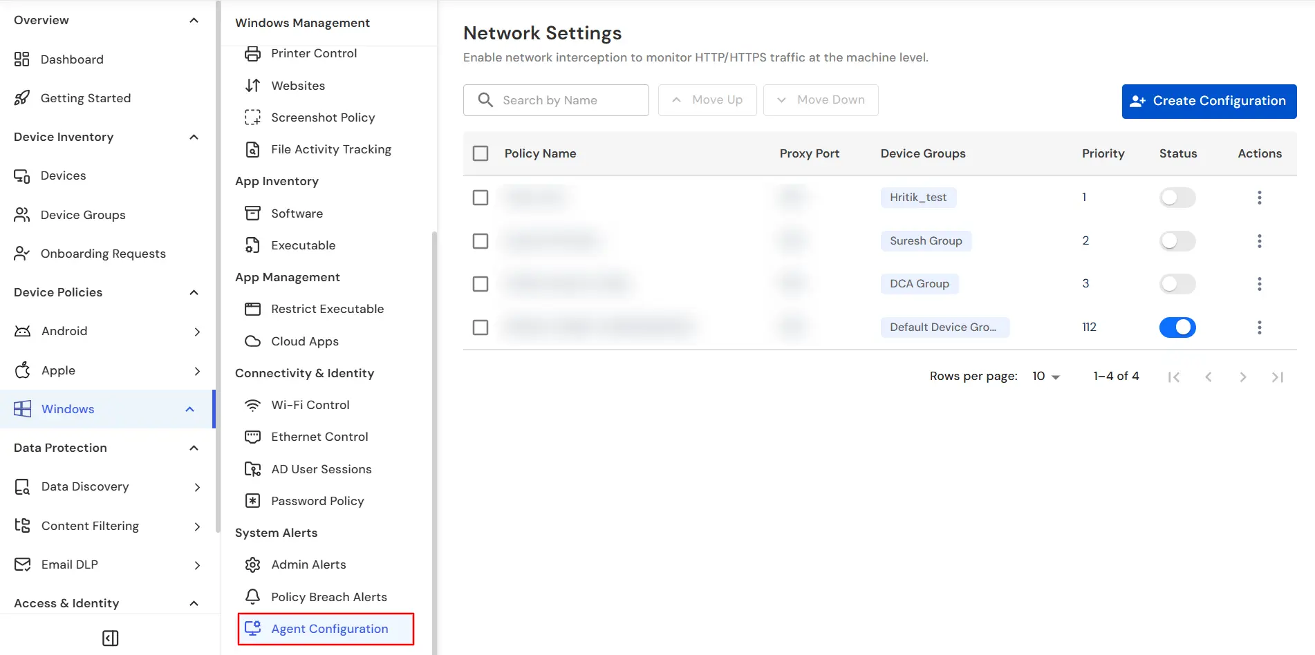 miniOrange DLP Windows Agent Configuration tab for proxy and network settings