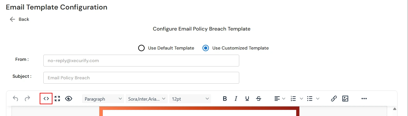 miniOrange DLP code button to add custom HTML for policy breach email template