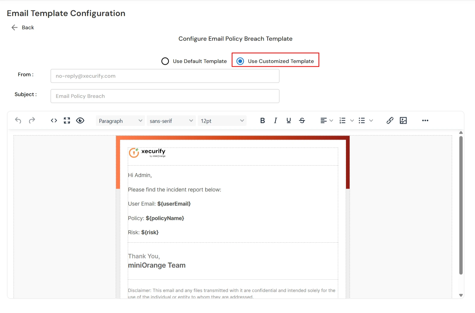 miniOrange DLP Use Customized Template for policy breach email HTML