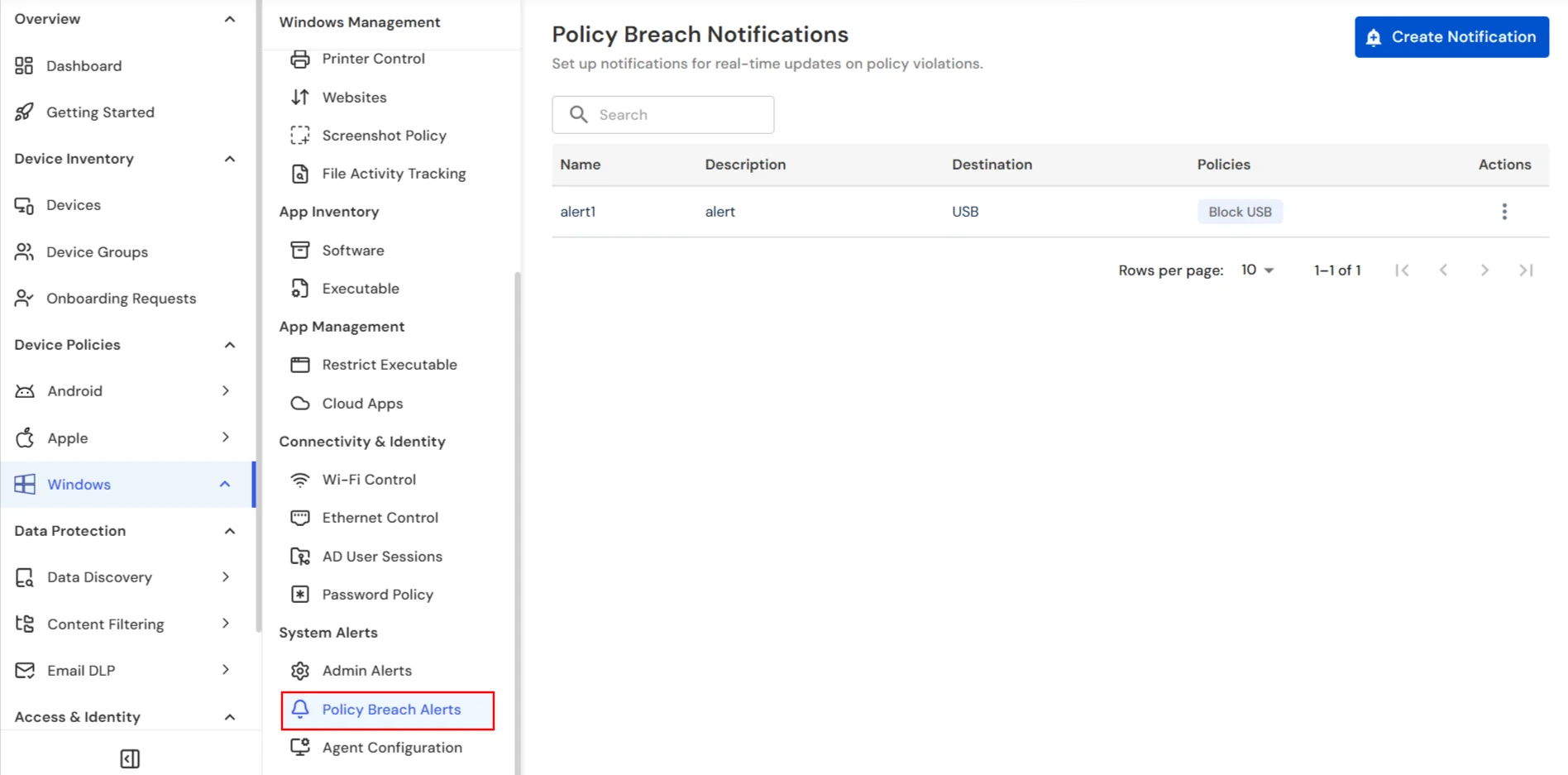 miniOrange DLP Windows Policy Breach Alerts tab for creating notifications