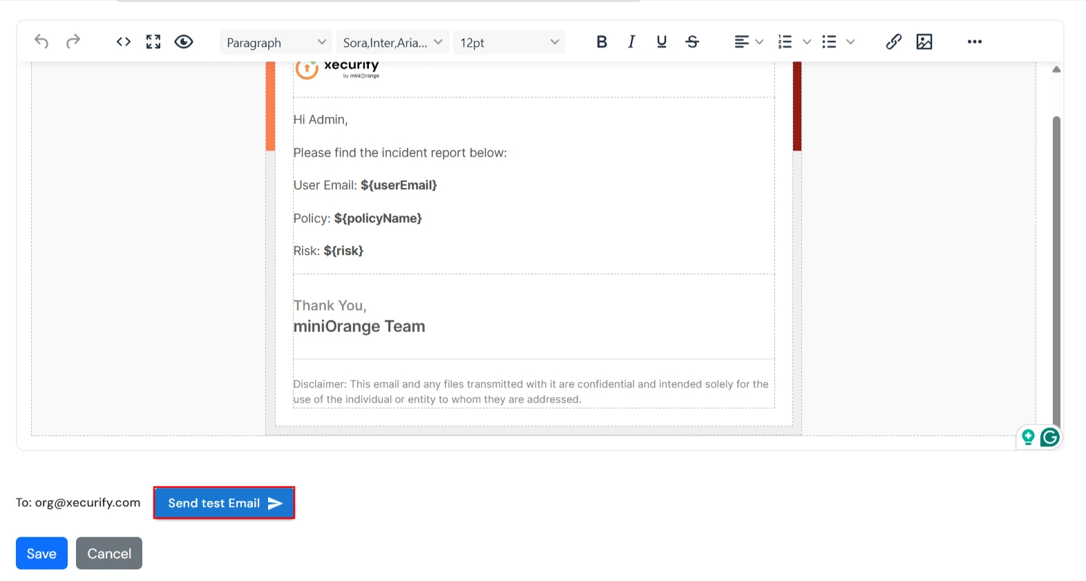miniOrange DLP Test Email button to preview policy breach notification template