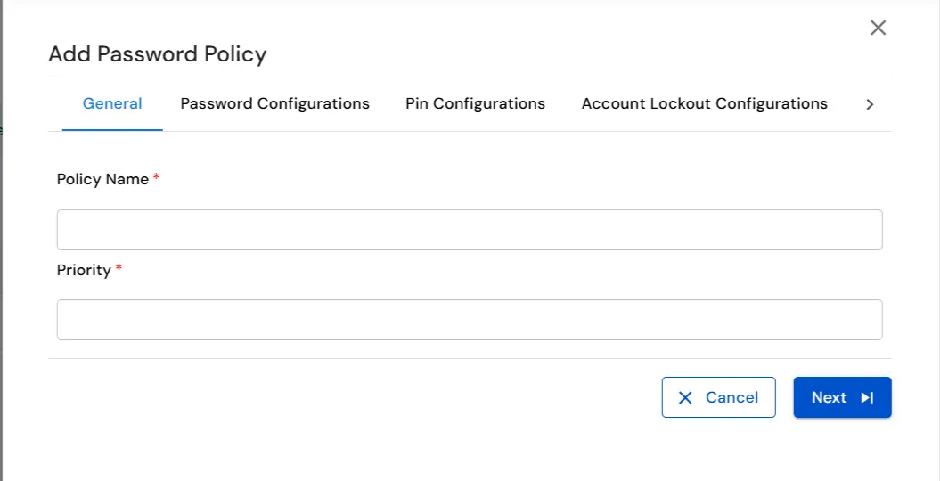 miniOrange DLP General tab for password policy name and priority configuration