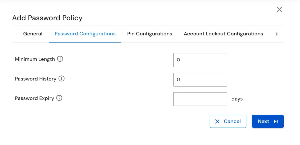 miniOrange DLP Password Configuration tab for minimum length, history, and expiry settings
