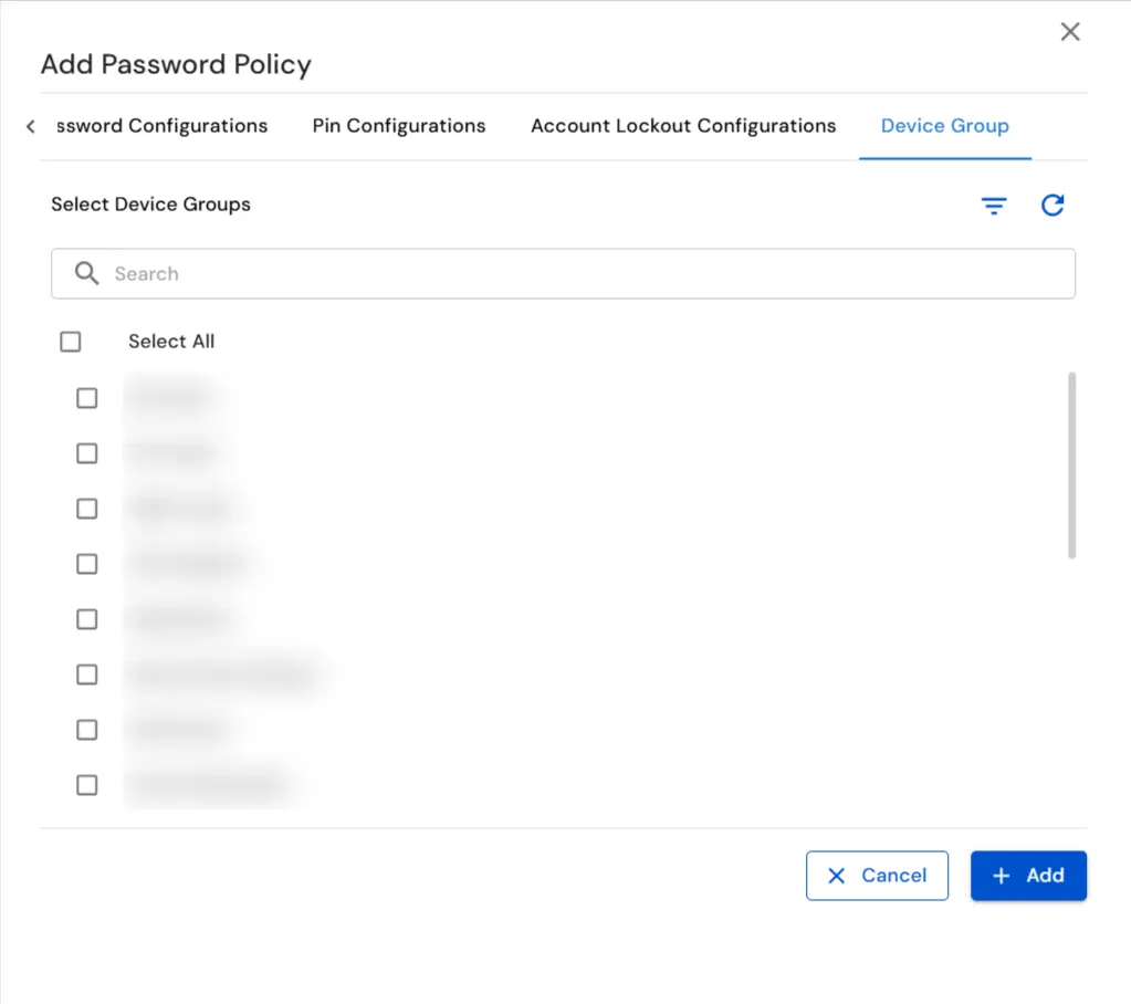 miniOrange DLP Device Groups tab to apply password and PIN policies to selected devices