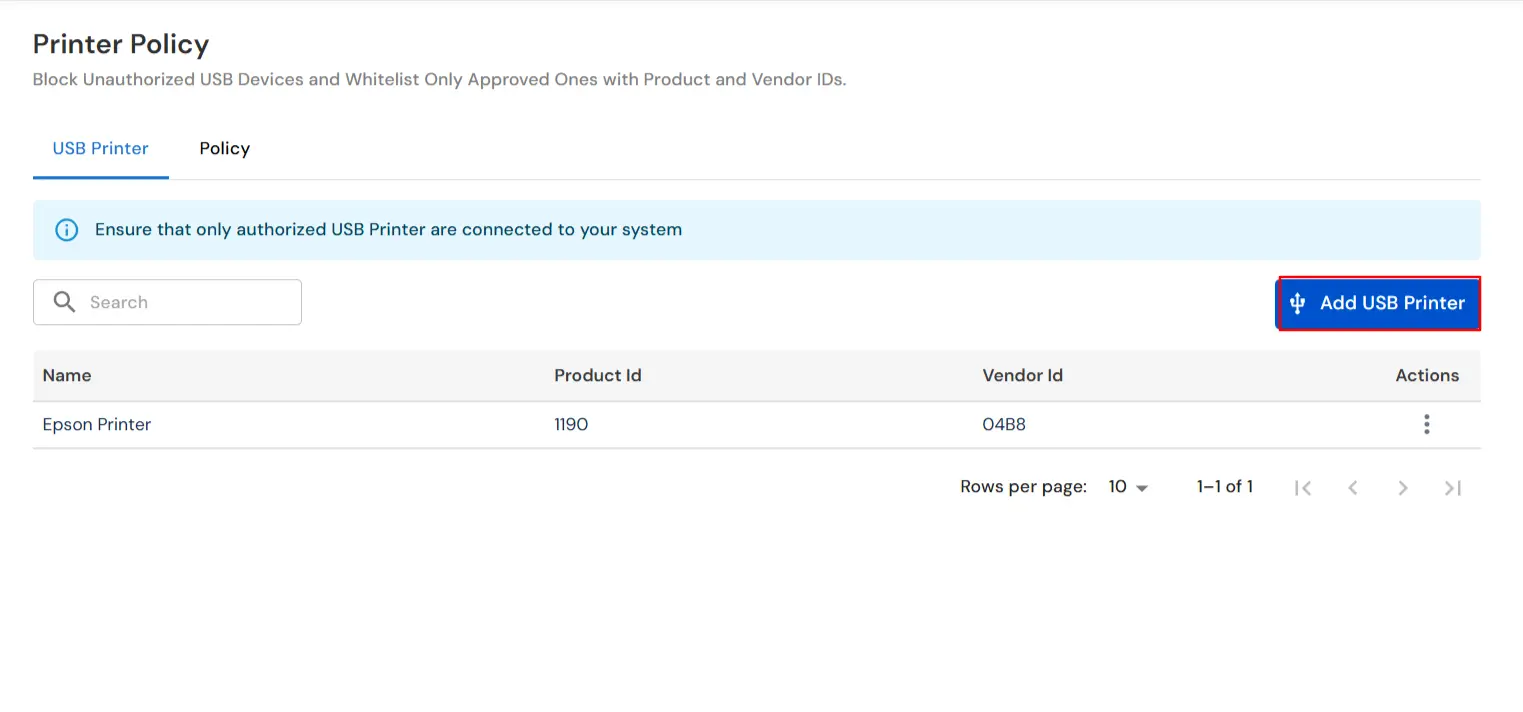 miniOrange DLP Add USB Printer button to enroll printer using VID and PID