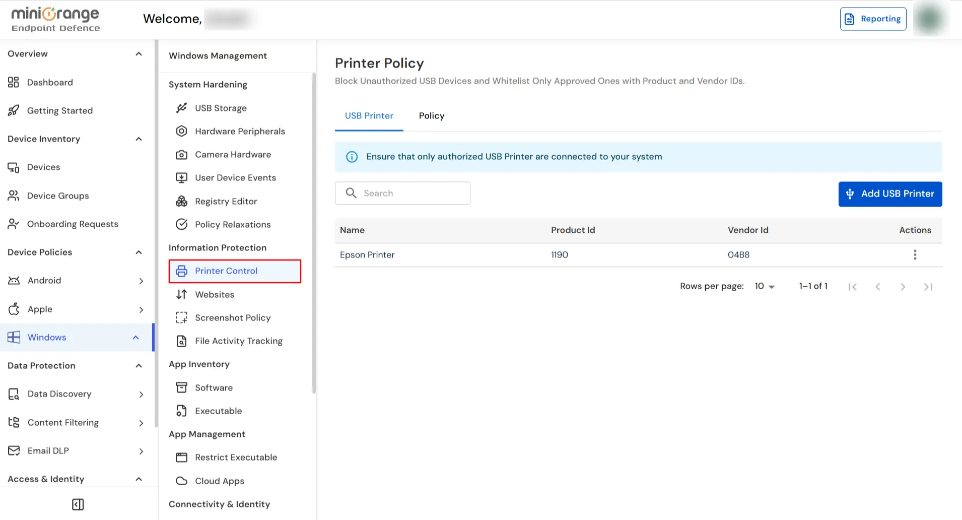 miniOrange DLP Windows Printer Control tab for USB printer policy configuration