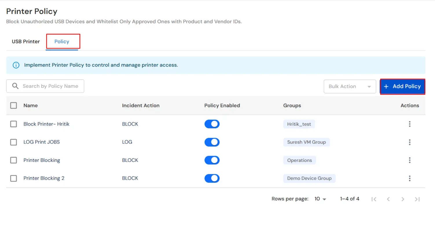 miniOrange DLP Printer Policy tab Add Policy for whitelisting and printer access control