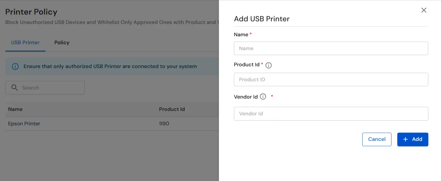 miniOrange DLP printer enrollment form for Product ID and Vendor ID from Device Manager