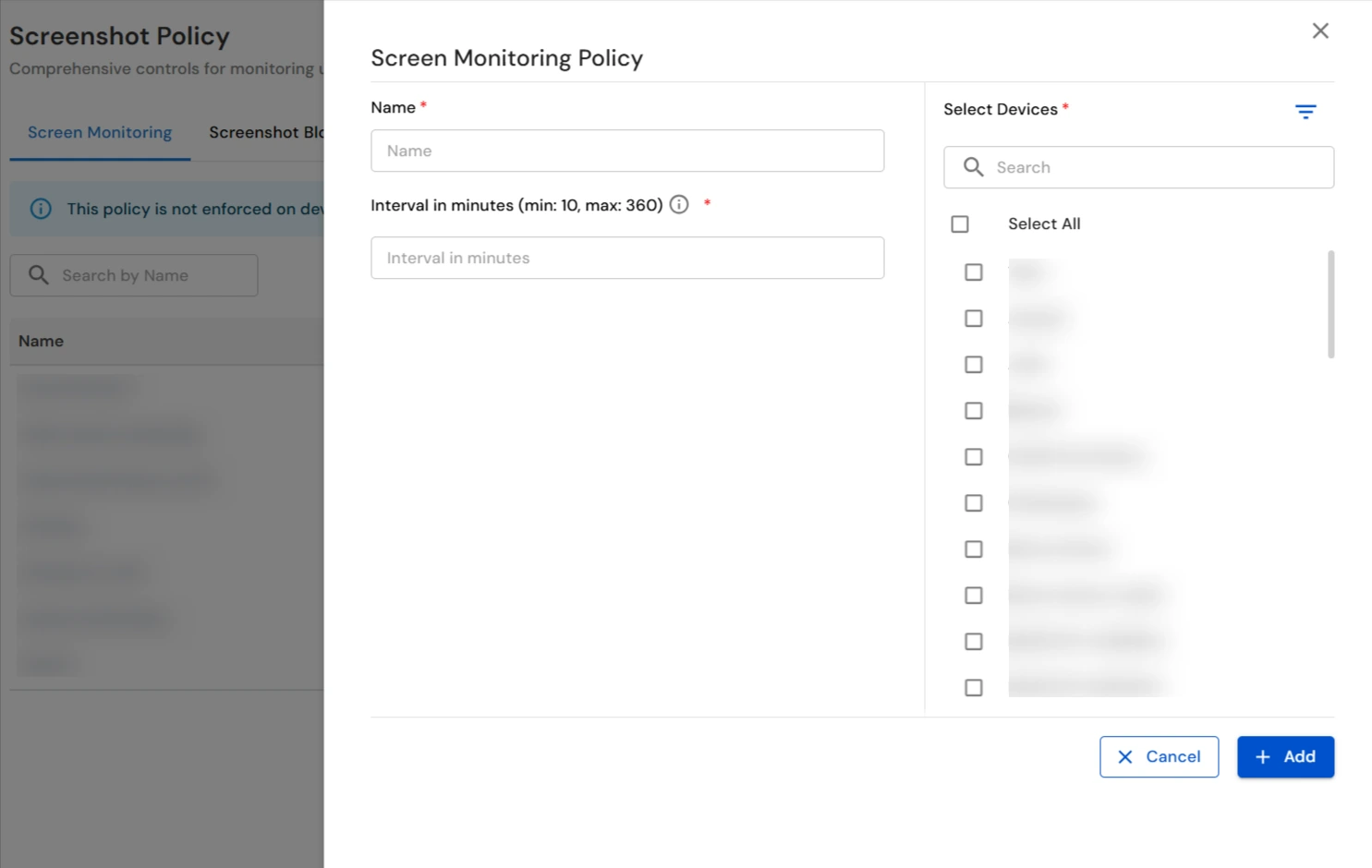 miniOrange DLP screenshot monitoring policy form with name interval and device selection