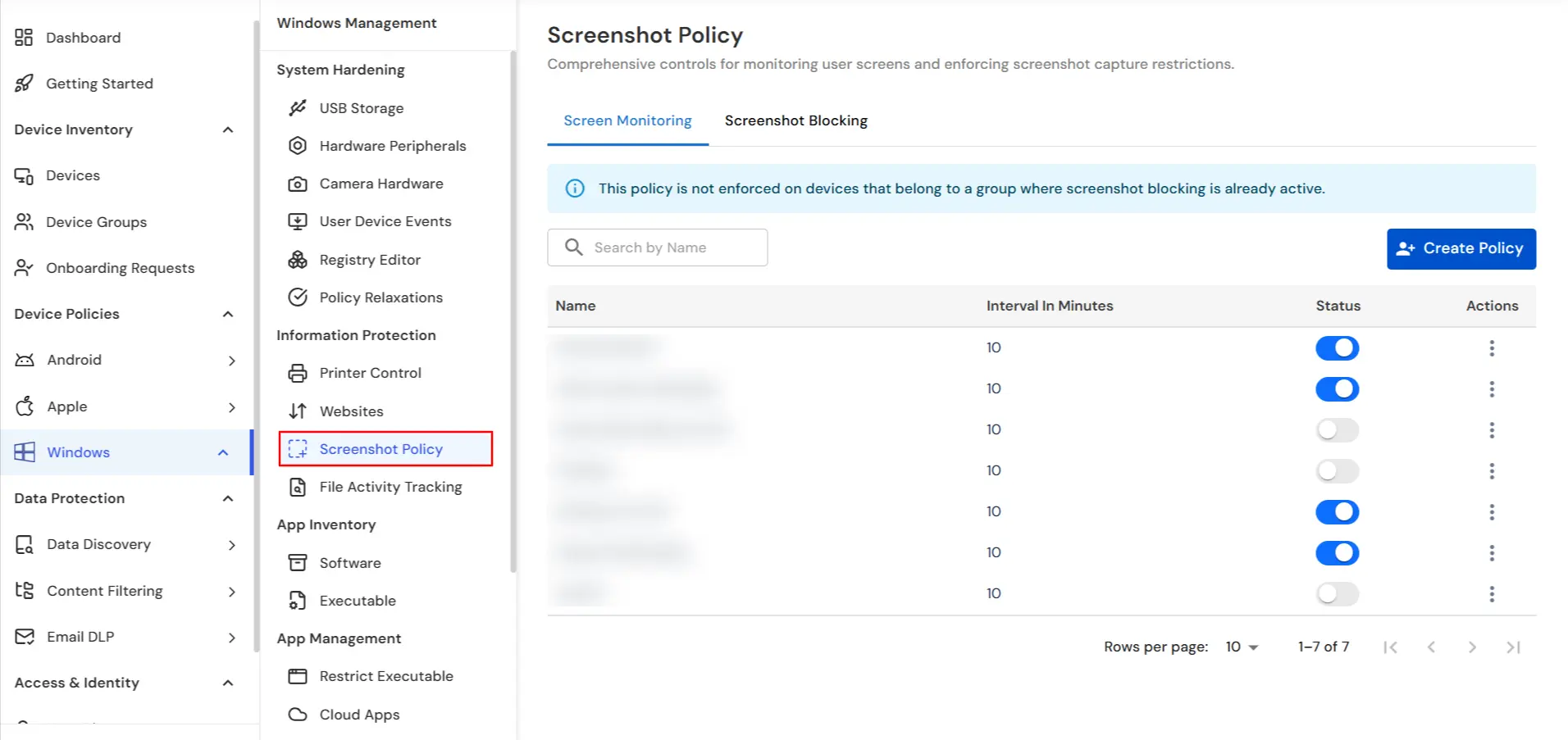 miniOrange DLP Windows Screenshot Policy tab for screen monitoring and Create Policy