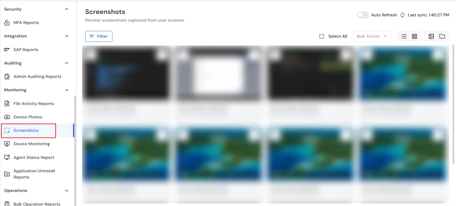miniOrange DLP screenshot reporting with device and date filters for screen activity audit