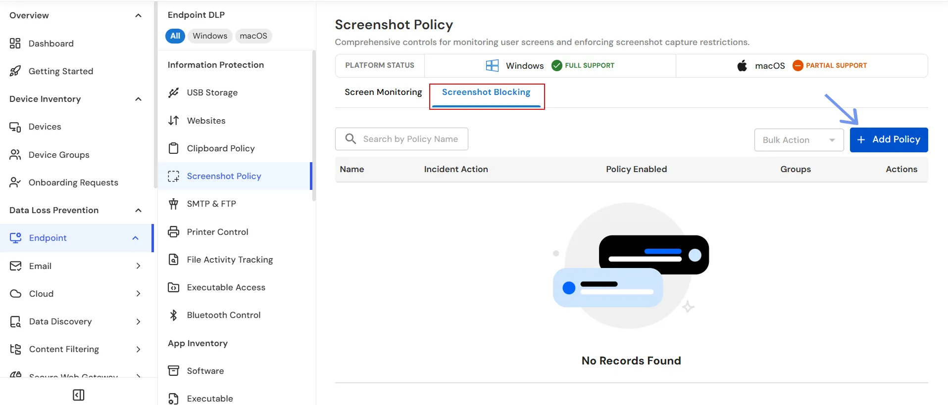 miniOrange Endpoint DLP Add Screenshot Blocking Policy window