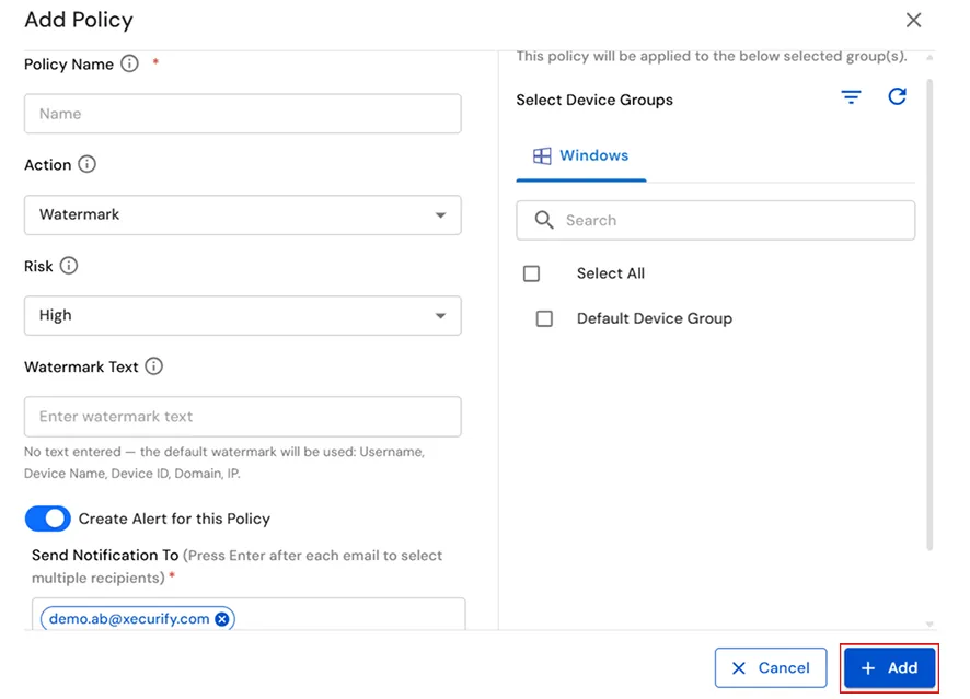 miniOrange Endpoint DLP Screenshot Blocking policy alert and device group configuration