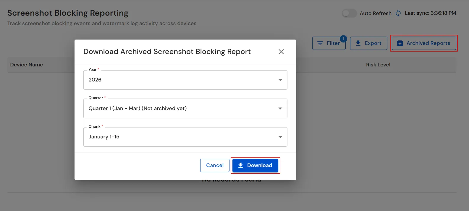 miniOrange Endpoint DLP Download Archived Screenshot Blocking Report window