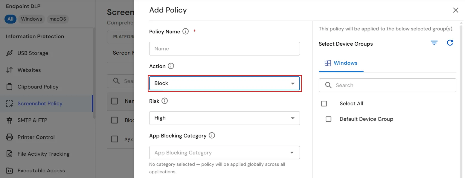 miniOrange Endpoint DLP Screenshot Blocking policy configuration with Block action