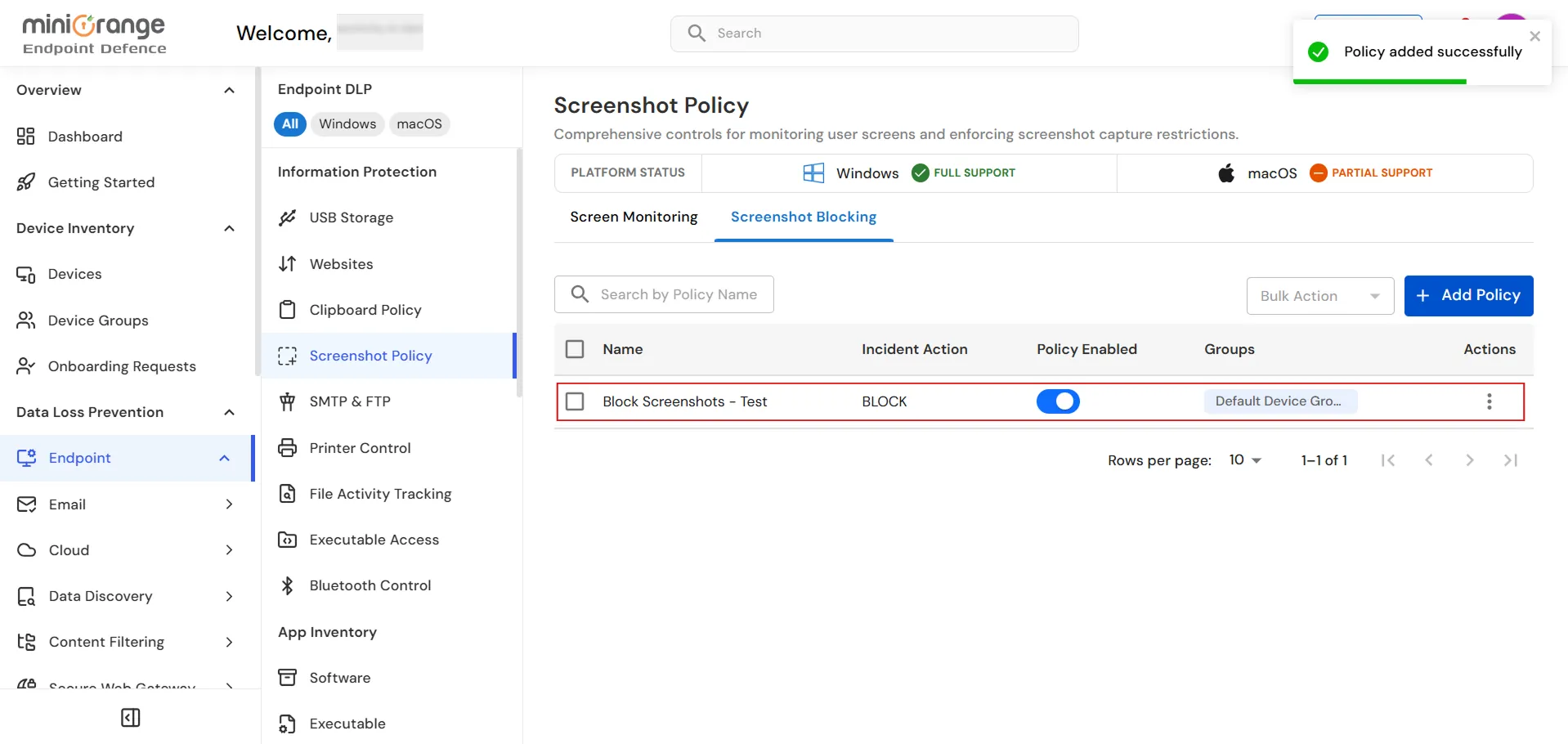 miniOrange Endpoint DLP Screenshot Blocking policy list showing the configured policy
