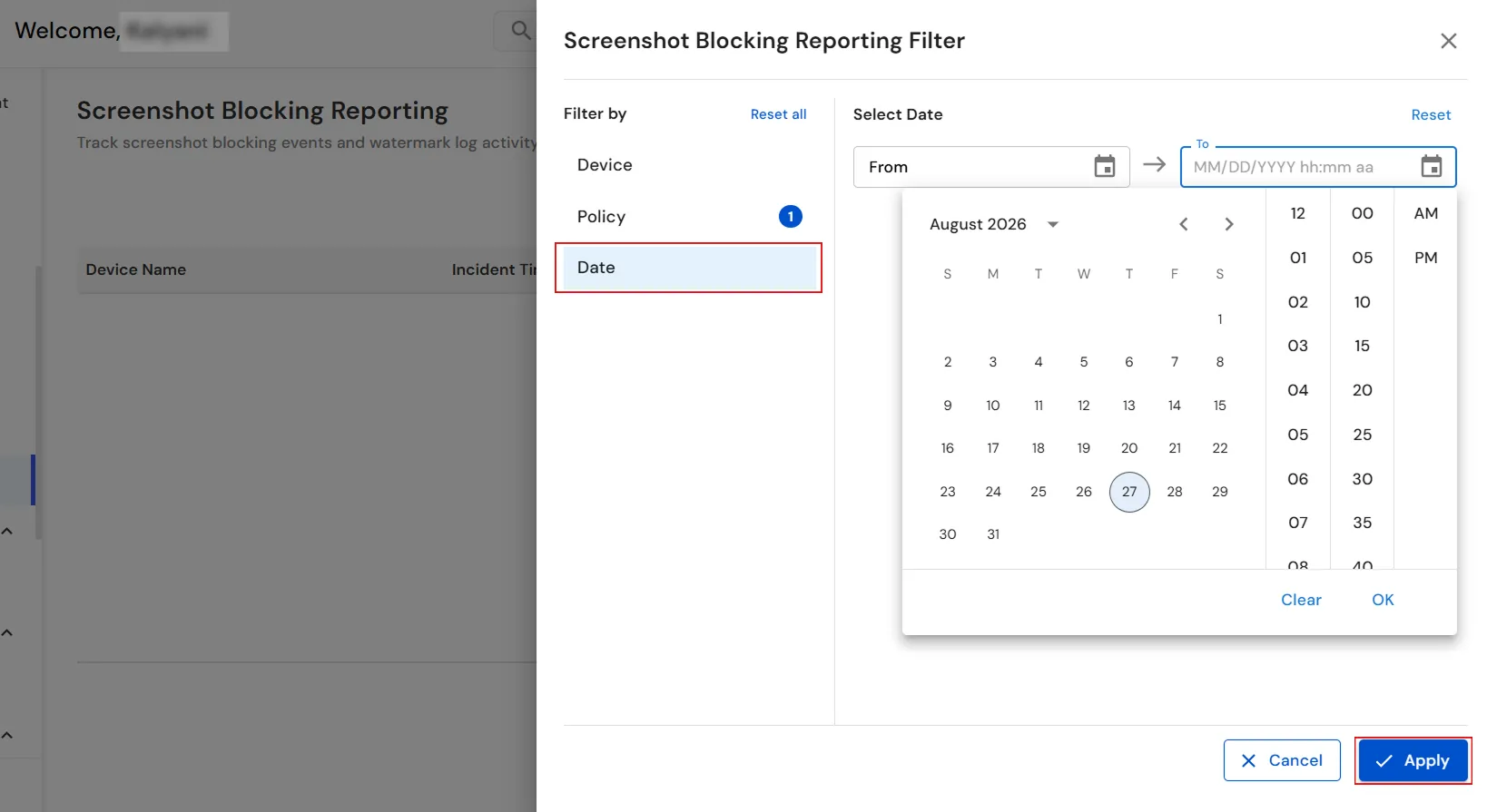 miniOrange Endpoint DLP Screenshot Blocking report Date filter