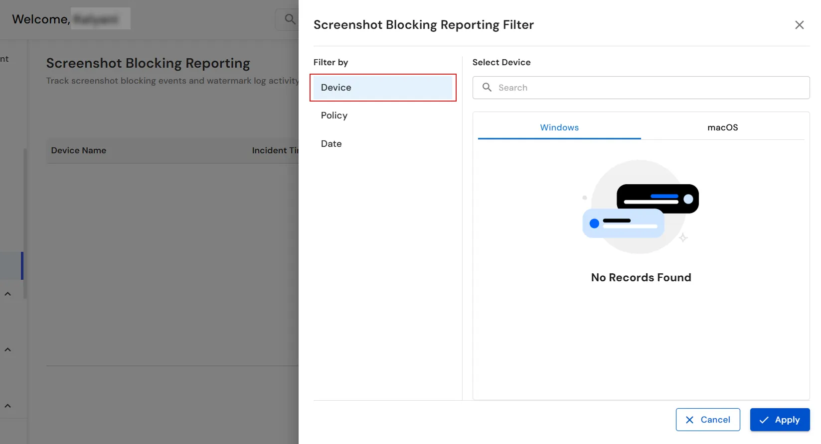 miniOrange Endpoint DLP Screenshot Blocking report Device filter