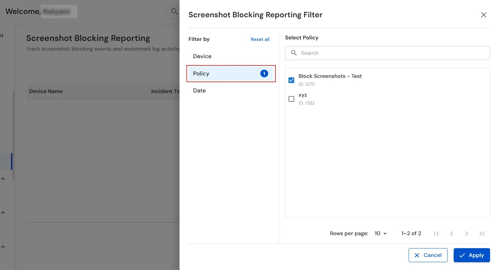 miniOrange Endpoint DLP Screenshot Blocking report Policy filter