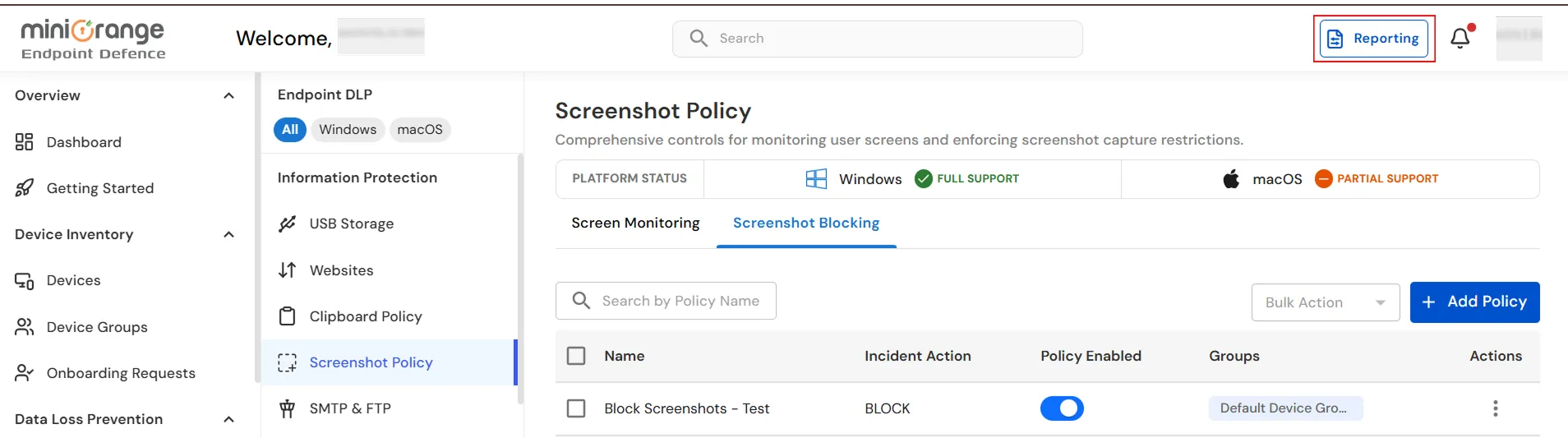 miniOrange Endpoint DLP Screenshot Blocking Reporting page