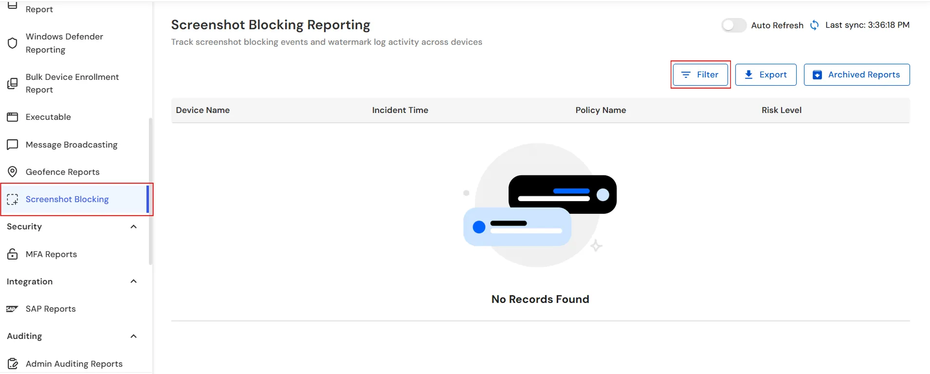 miniOrange Endpoint DLP Screenshot Blocking reports with Filter option