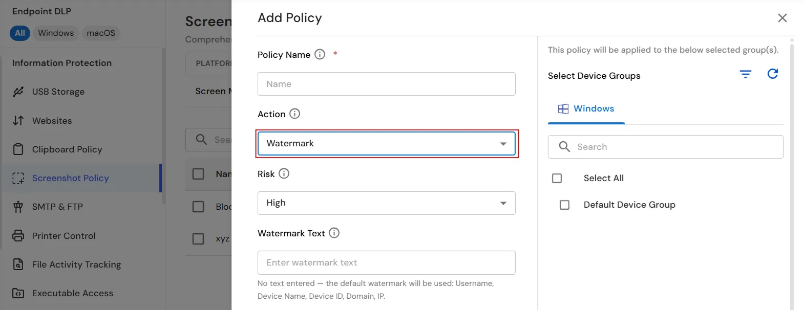 miniOrange Endpoint DLP Screenshot Blocking policy configuration with Watermark action