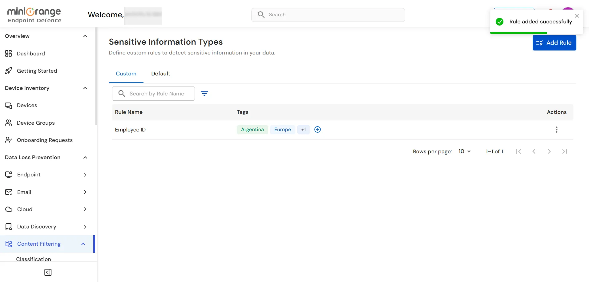 miniOrange Endpoint DLP Sensitive Information Type rule showing the newly created custom rule