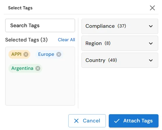 miniOrange Endpoint DLP Select Tags window for assigning tags to a Sensitive Information Type rule