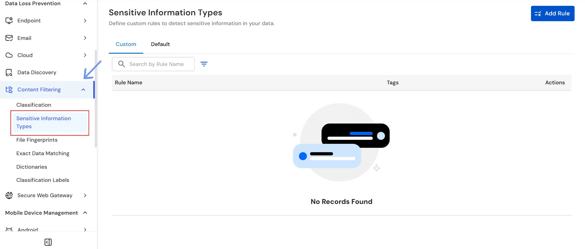 miniOrange Endpoint DLP Sensitive Information Types page