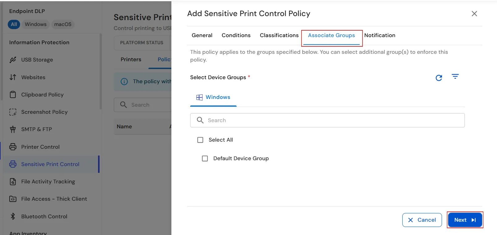 Associate device groups with the Sensitive Print Control Policy