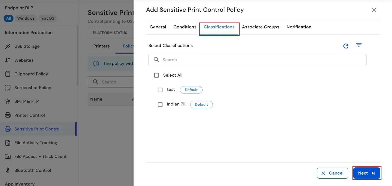 Configure classifications for the Sensitive Print Control Policy