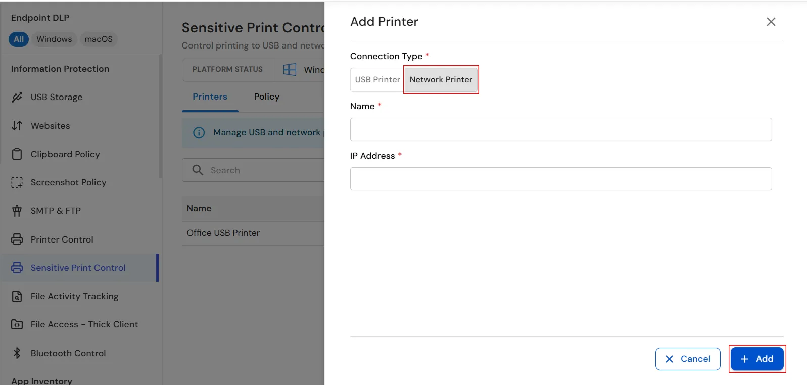 Enter network printer details in Sensitive Print Control