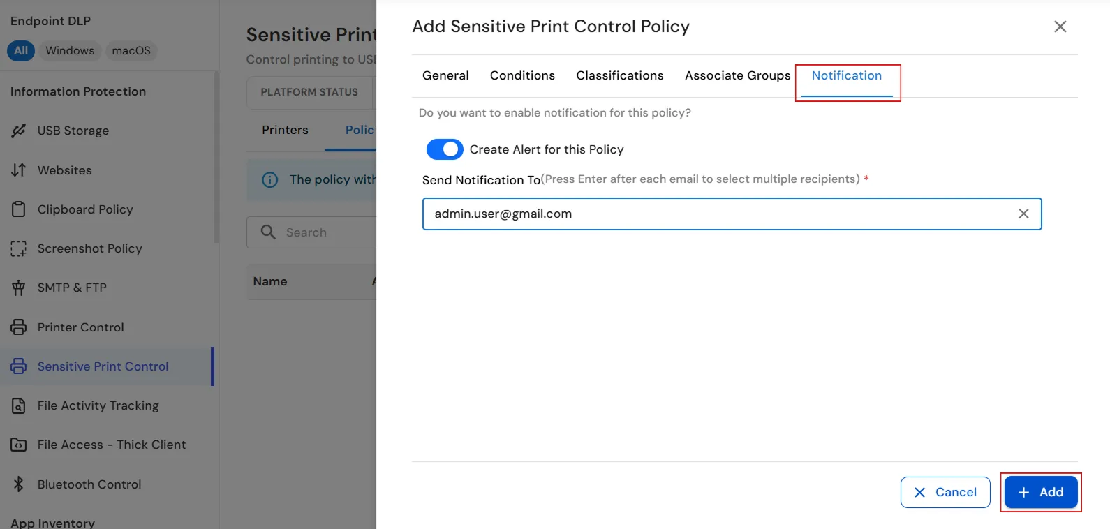 Configure notification settings for the Sensitive Print Control Policy
