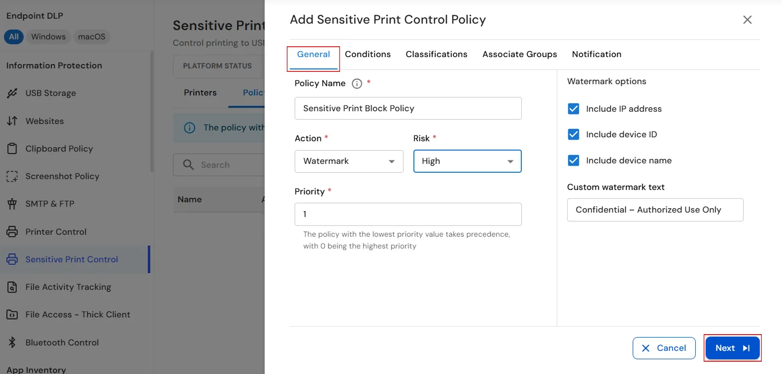 Configure watermark options, risk level, and policy priority