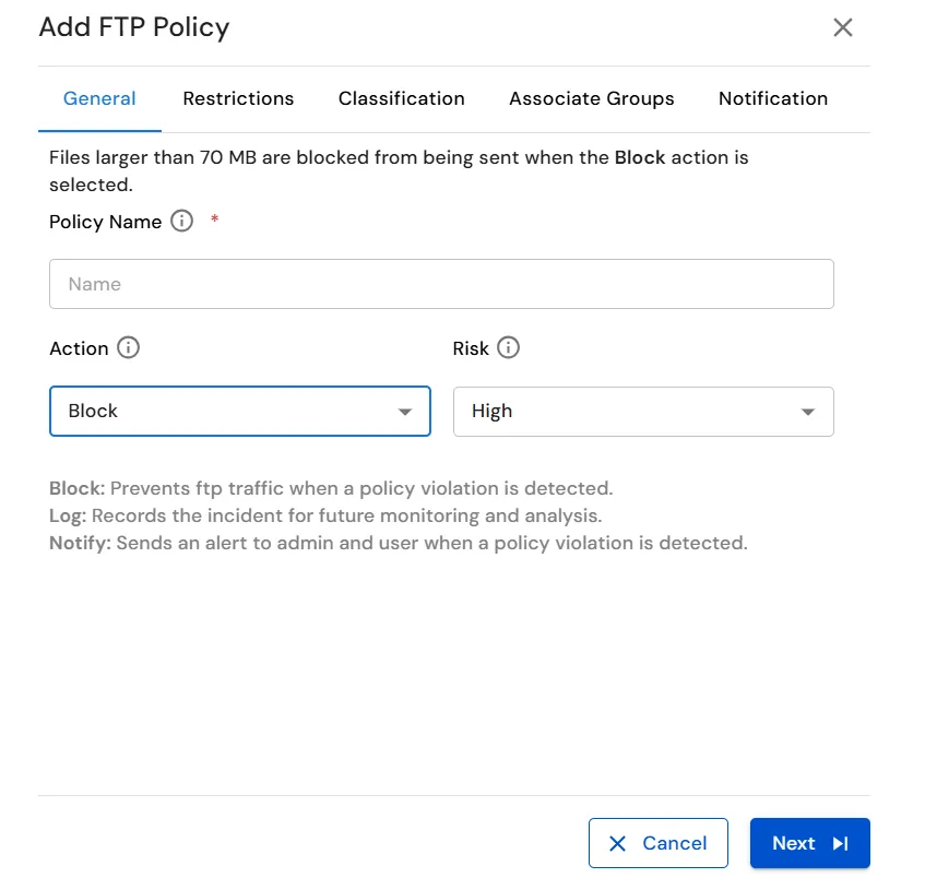miniOrange Endpoint DLP Add FTP Policy General settings