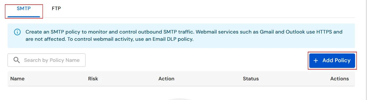 miniOrange Endpoint DLP SMTP Add Policy button