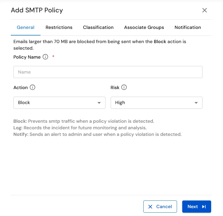 miniOrange Endpoint DLP Add SMTP Policy General settings