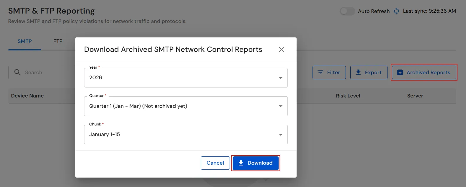 miniOrange DLP Download Archived SMTP Network Control Reports window