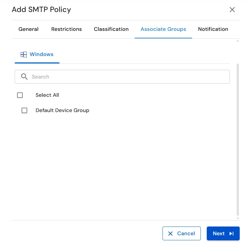 miniOrange Endpoint DLP SMTP Policy Associate Groups settings for Windows