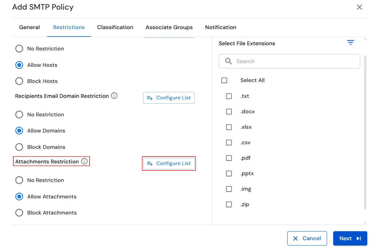 miniOrange Endpoint DLP SMTP attachment restriction file type list
