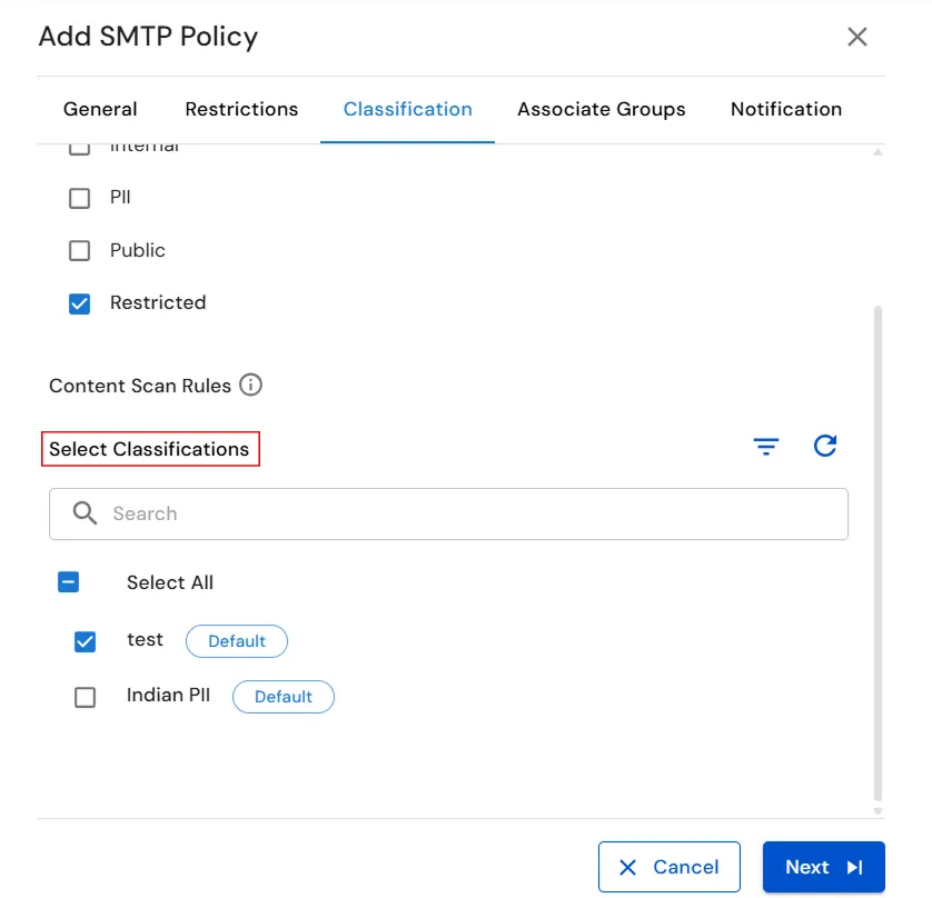 miniOrange Endpoint DLP SMTP Policy Content Scan Rules and classification selection