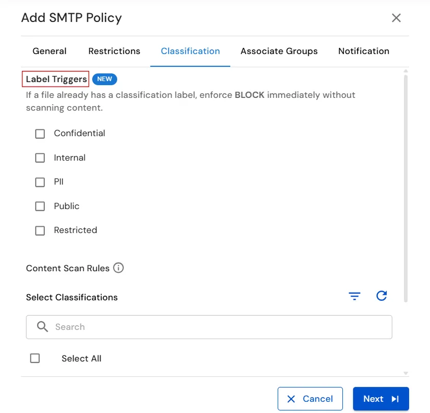 miniOrange Endpoint DLP SMTP Policy Classification settings showing label triggers and content scan classifications