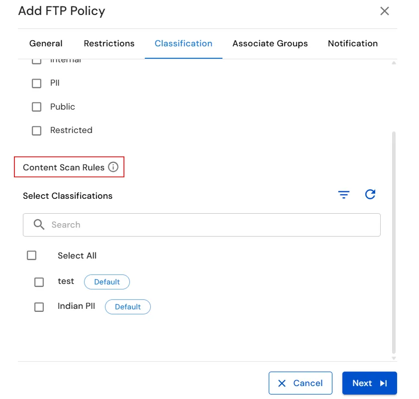 miniOrange Endpoint DLP FTP Policy Classification tab showing Content Scan Rules and Select Classifications