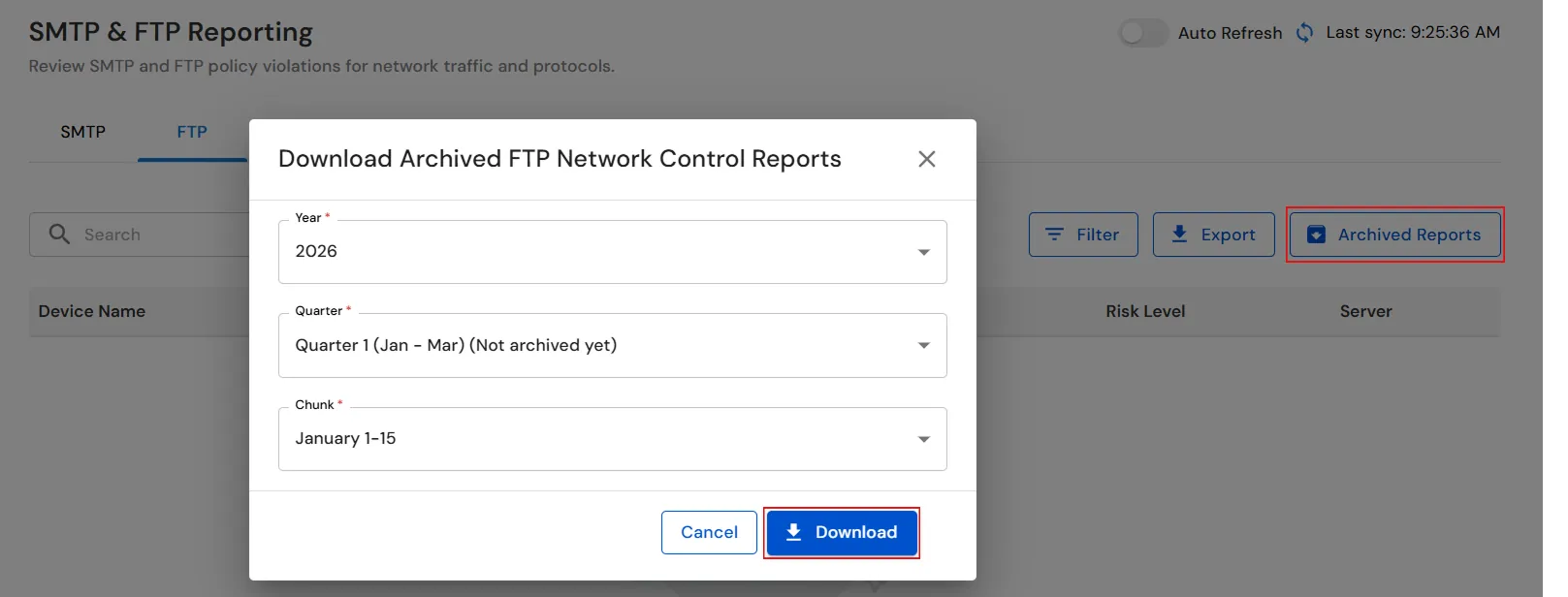 miniOrange DLP Download Archived FTP Network Control Reports window