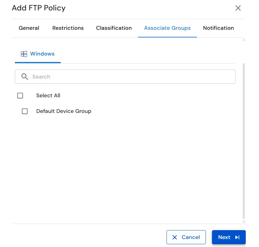 miniOrange Endpoint DLP FTP Policy Associate Groups tab showing Windows device groups