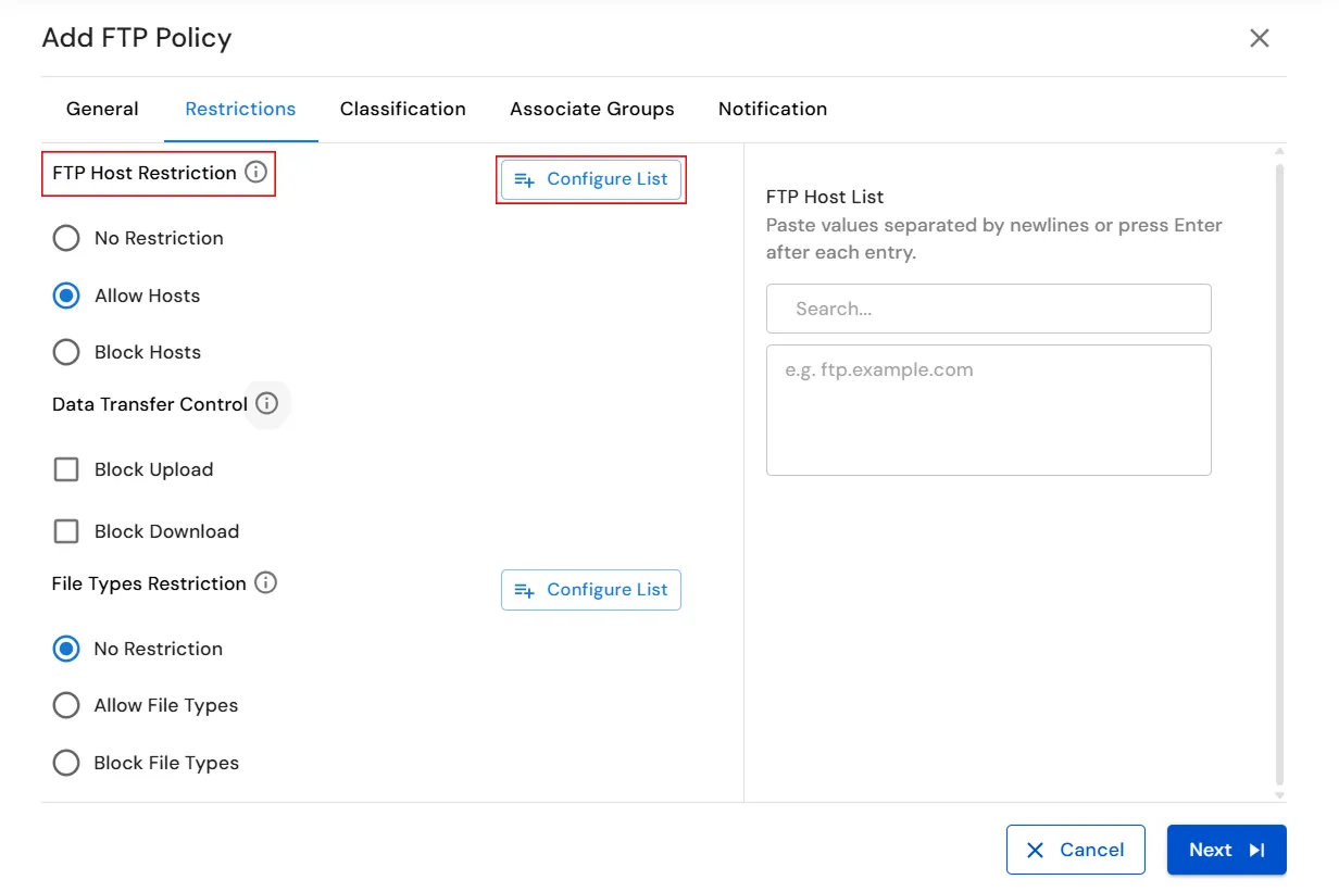 miniOrange Endpoint DLP FTP policy Restrictions settings