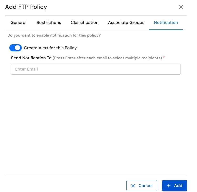miniOrange Endpoint DLP FTP Policy Notification tab showing Create Alert for this Policy
