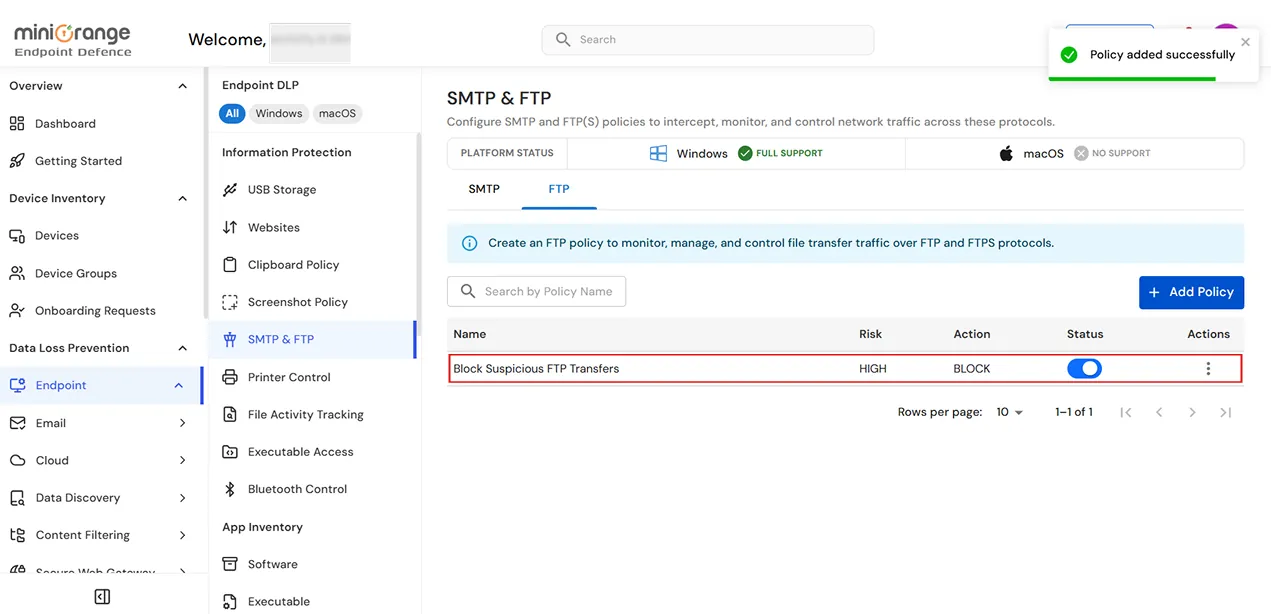 miniOrange Endpoint DLP FTP policy list showing the newly created FTP policy