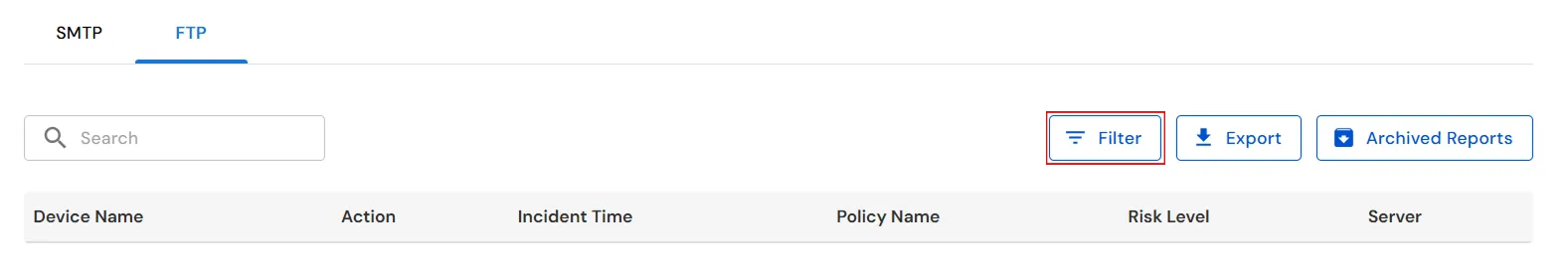 miniOrange DLP FTP Reporting Filter window